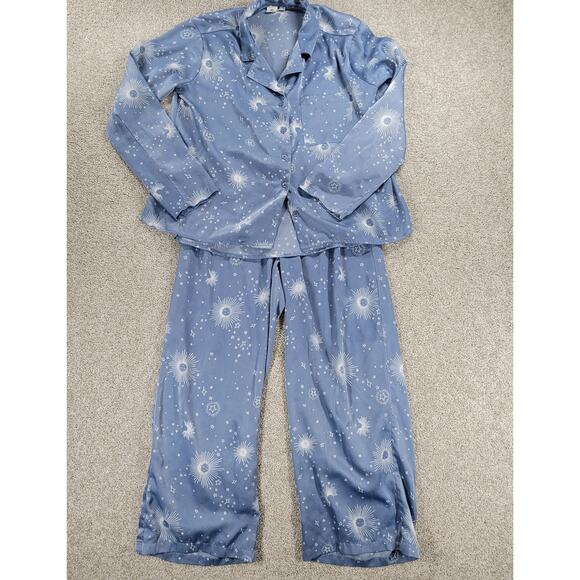 BP Celestial Pajamas Set Womens XS Blue White Sun Stars Moon Pants Button Top - Picture 1 of 16